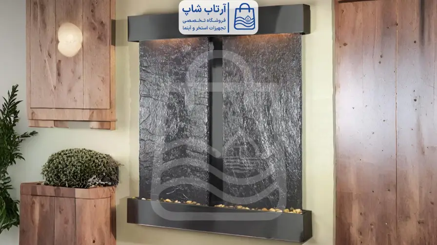 آبنمای شیشهای پشت کانتر | طراحی لوکس و کاربردی در کافیشاپ و خانه آبنمای شیشهای