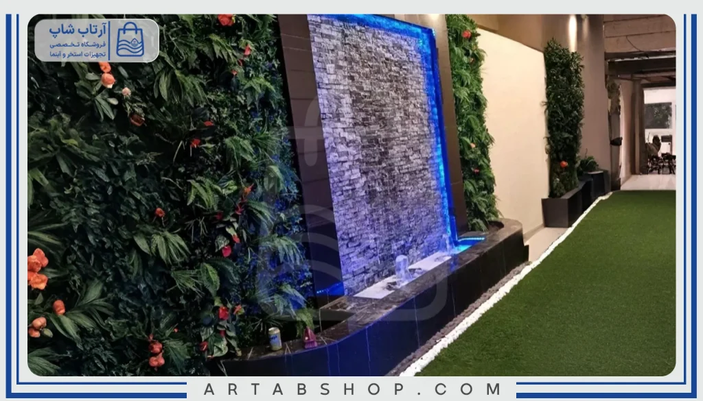 ترکیب آبنمای شیشه ای با گیاهان زینتی ایجاد دیوار زنده آبی terkib-abnama-shishei-ba-giyahan-zeynati-ijad-divar-zende-abi