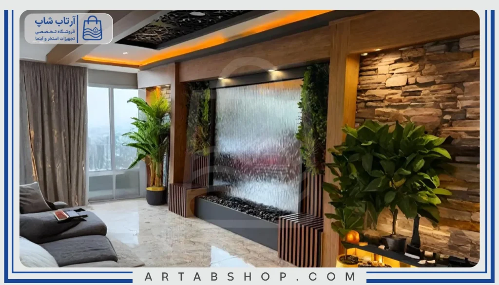 ترکیب آبنمای شیشه ای با گیاهان زینتی ایجاد دیوار زنده آبی terkib-abnama-shishei-ba-giyahan-zeynati-ijad-divar-zende-abi آبنمای شیشه ای