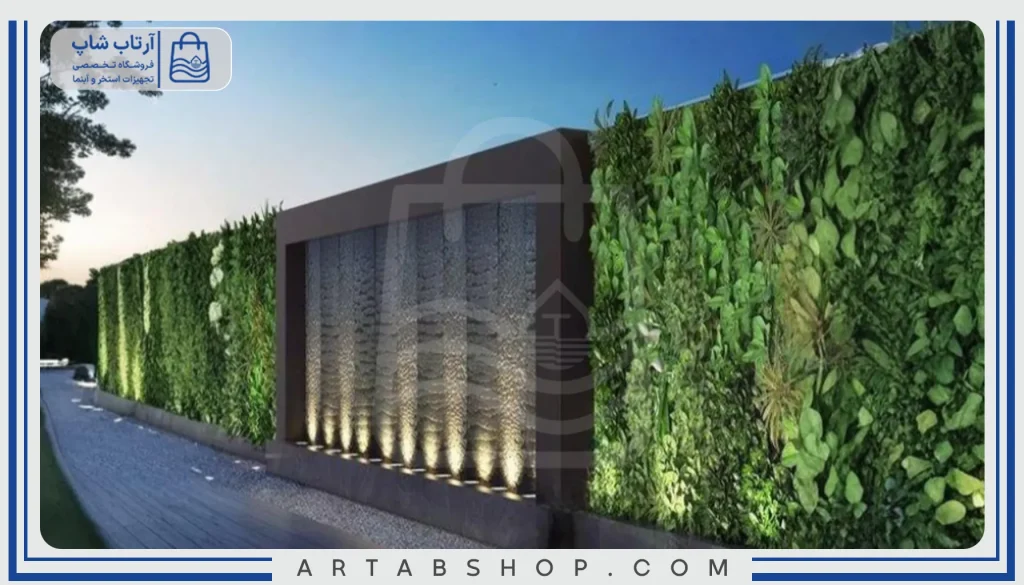 ترکیب آبنمای شیشه ای با گیاهان زینتی ایجاد دیوار زنده آبی terkib-abnama-shishei-ba-giyahan-zeynati-ijad-divar-zende-abi